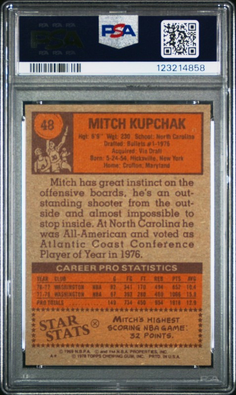 vintage PSA 7 - TOPPS 1978 MITCH KUPCHAK BASKETBALL CARD #48 - WASINGTON BULLETS view 2