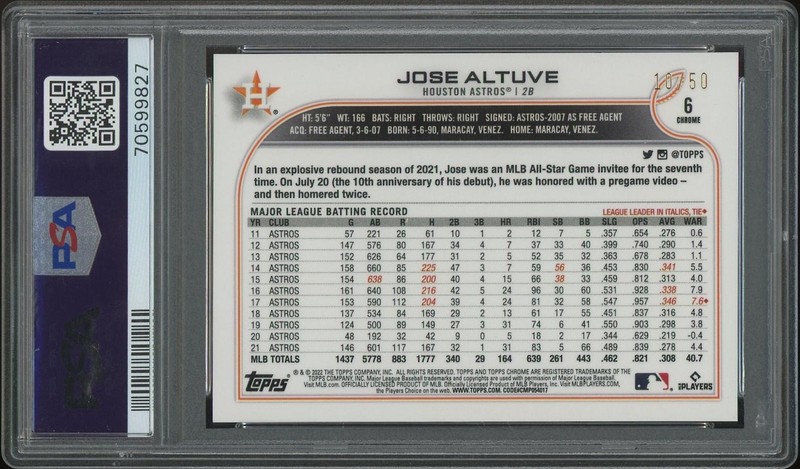 2022 Topps Chrome #6 Jose Altuve Gold Speckle Refractor #10/50 PSA 9 (MINT) view 2