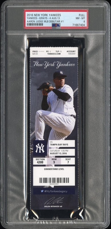 PSA 8 - AARON JUDGE ROOKIE DEBUT - 2016 RAYS @ YANKEES BASEBALL FULL TICKET 