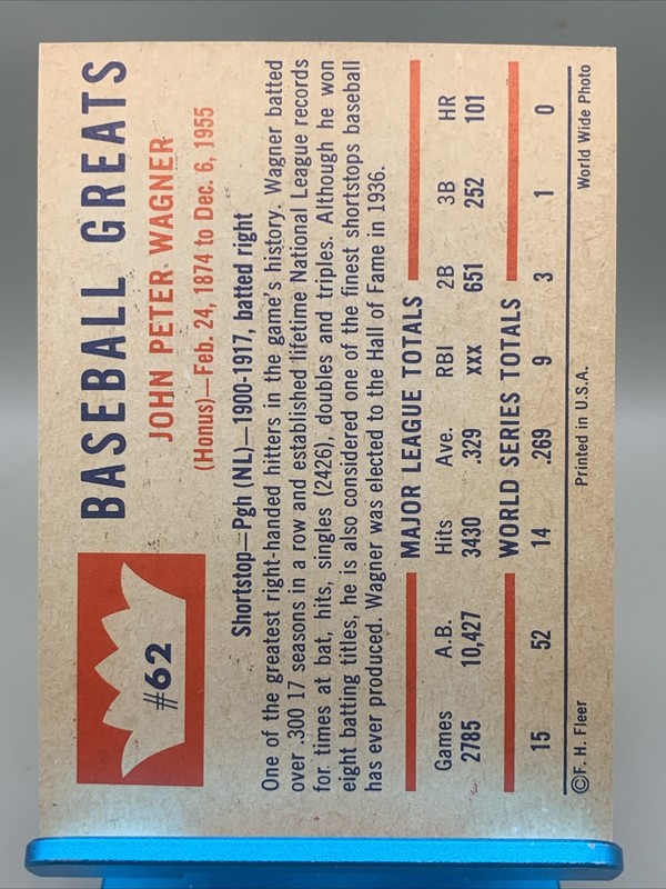 1960 Fleer Baseball Greats - Honus Wagner #62 EX+ No Creases Corners NM Sharp view 2