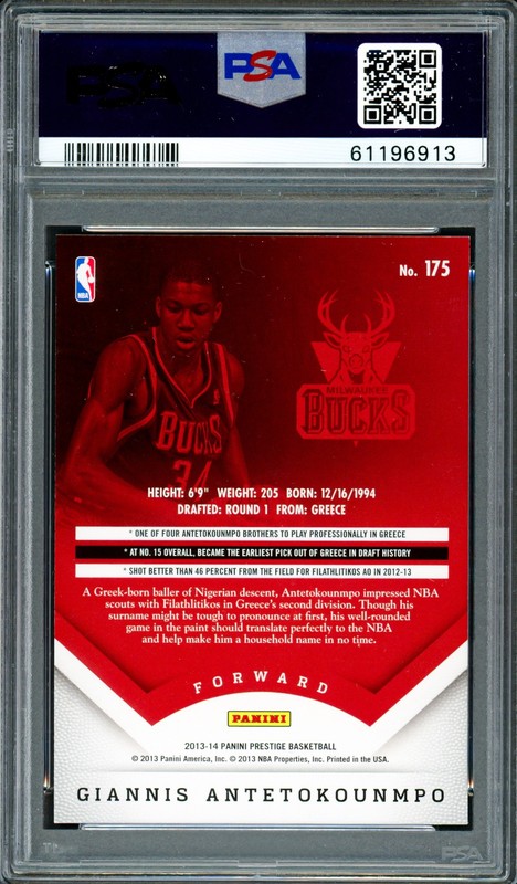Giannis Antetokounmpo Auto 2013 Panini Prestige RC 175 Bucks PSA 9 Sig 9 PSA/DNA view 2