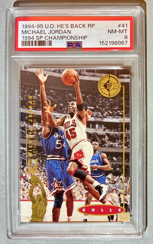 1994 UD SP Championship #41 He's Back  Michael Jordan JSY 45 *BULLS* PSA 8