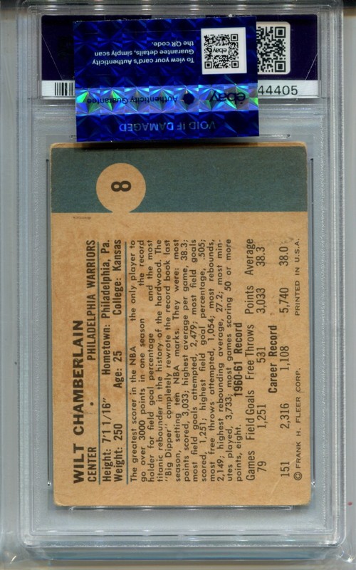 1961 Fleer Wilt Chamberlain Rookie Card PSA 1.5 Graded Basketball #8 view 2