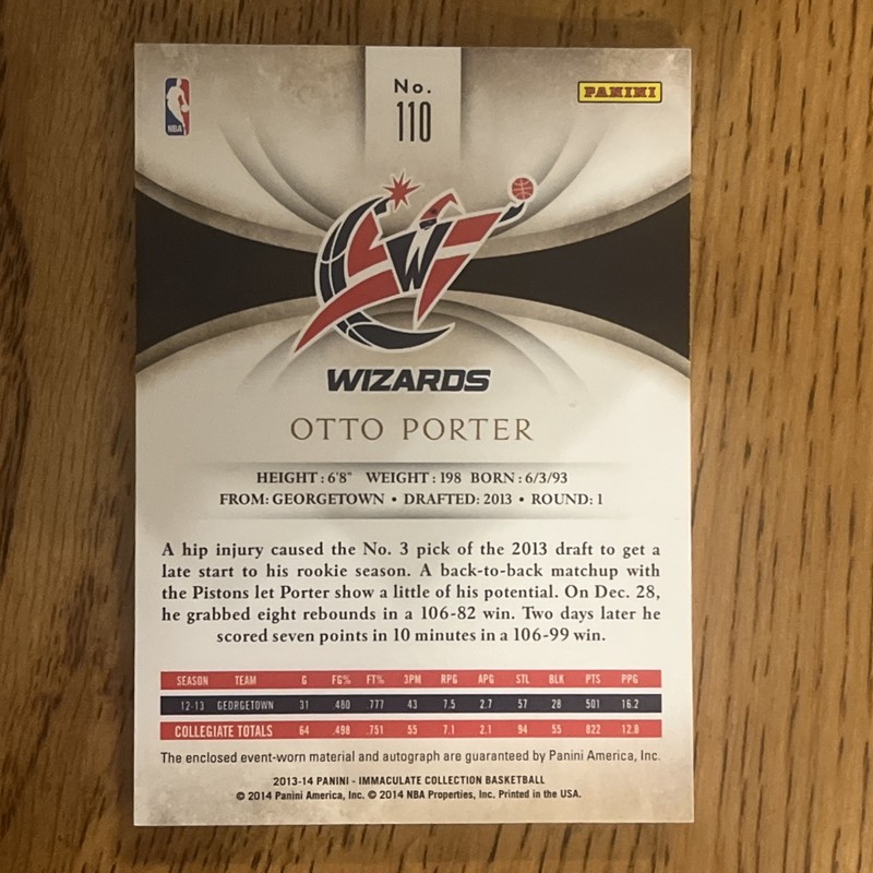 2013-14 Panini Immaculate Collection - Rookie Patch Auto Otto Porter #110 61/99 view 2