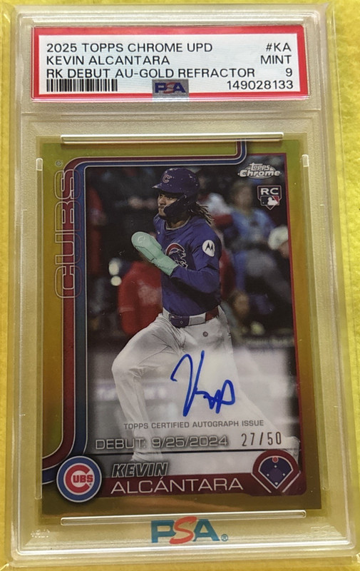 PSA 9 2025 Topps Chrome Update Kevin Alcantara RC ROOKIE True Gold Auto /50 Cubs