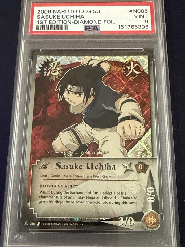 Naruto CCG Sasuke Uchiha 086 CoS Diamond Foil 1st Edition PSA 9 Mint Pop 1