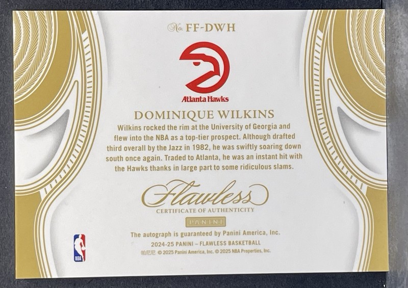 2024-25 Panini Flawless Finishes Green On Card AUTO Dominique Wilkins /5 view 2