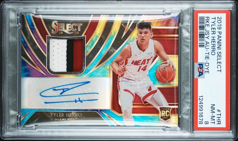 2019-20 Select Basketball Tyler Herro Rookie Patch Auto Tie Dye /25 PSA 8