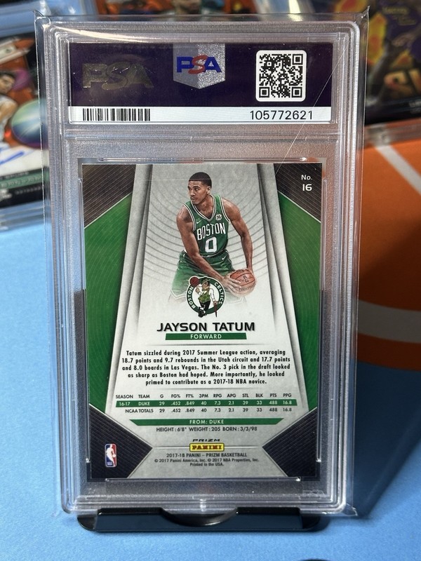2017-18 Panini Prizm Green Prizm Jayson Tatum #16 (RC) PSA 10 view 2