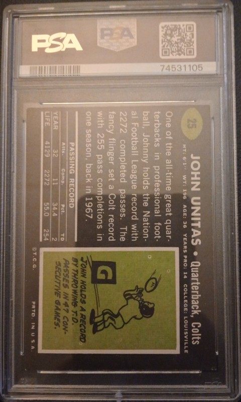 1969 Topps #25 Johnny Unitas Colts - PSA 5 view 2