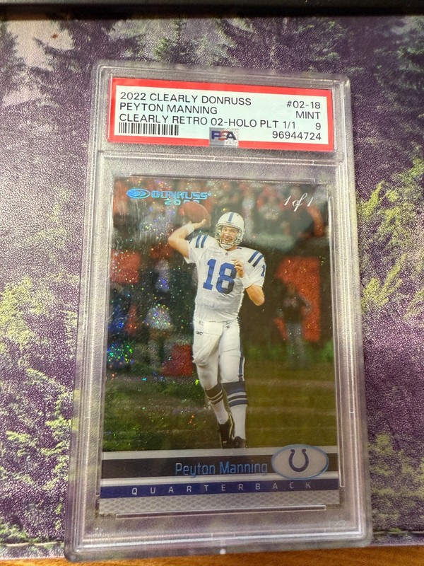 1 OF 1 Peyton Manning 2022 Donruss Clearly Retro 02-Holo Platinum 1/1 PSA MINT 9