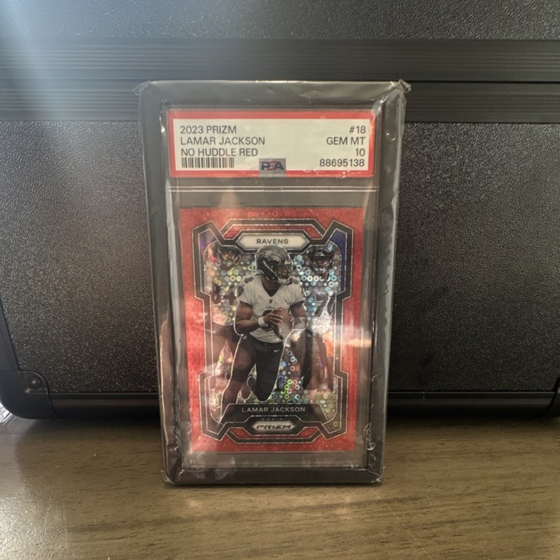 Lamar Jackson - 2023 Panini Prizm #18 Red No Huddle Red Prizm /70 PSA 10 Ravens
