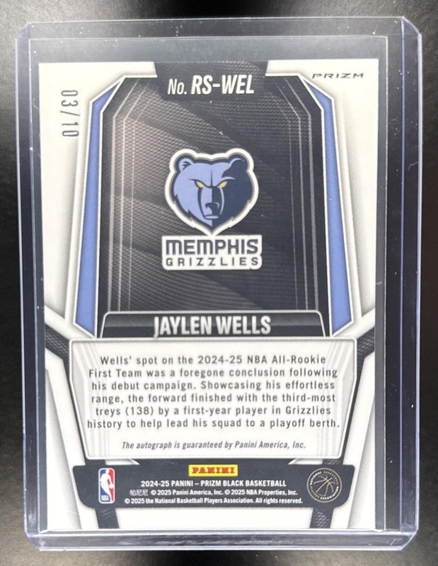 2024-25 Prizm Black Basketball Jaylen Wells RC Signatures Gold Shimmer Auto /10 view 2