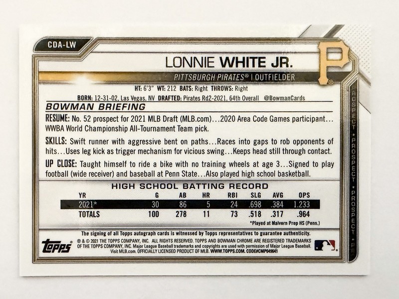 2021 Bowman Draft Chrome LONNIE WHITE JR. Auto 1st Autograph Pirates On-Card SP view 2