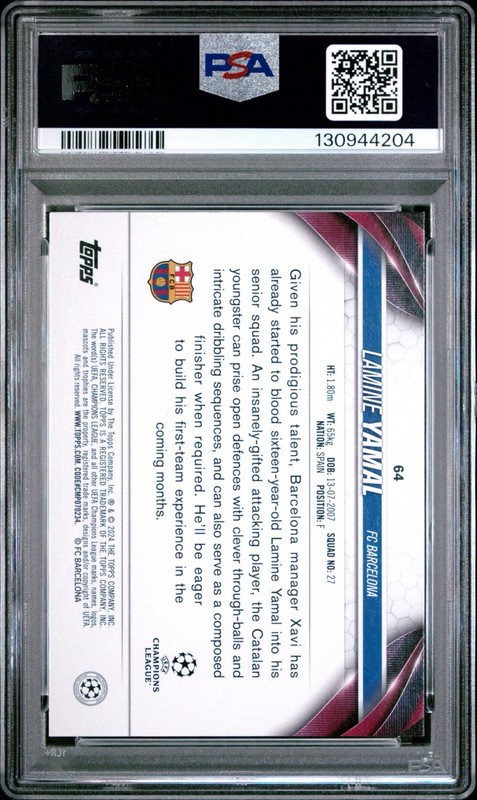 2023-24 TOPPS UEFA CLUB COMPETITIONS 64 LAMINE YAMAL PSA 8 Rookie RC view 2