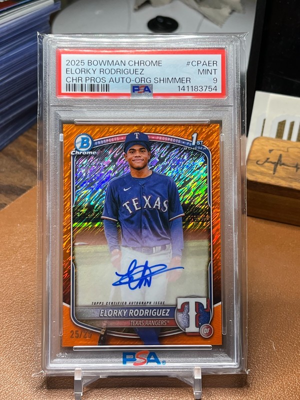 Elorky Rodriguez 2025 Bowman Chrome #CPAER orange shimmer auto 25/25 PSA 9