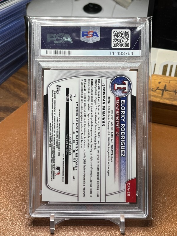 Elorky Rodriguez 2025 Bowman Chrome #CPAER orange shimmer auto 25/25 PSA 9 view 2
