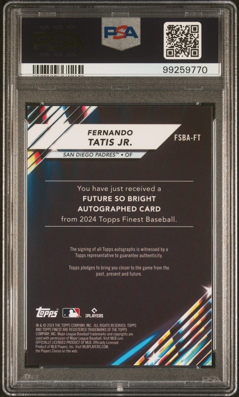2024 Topps Finest Fernando Tatis Jr Future So Bright Autographs Gold /50 PSA 9 view 2