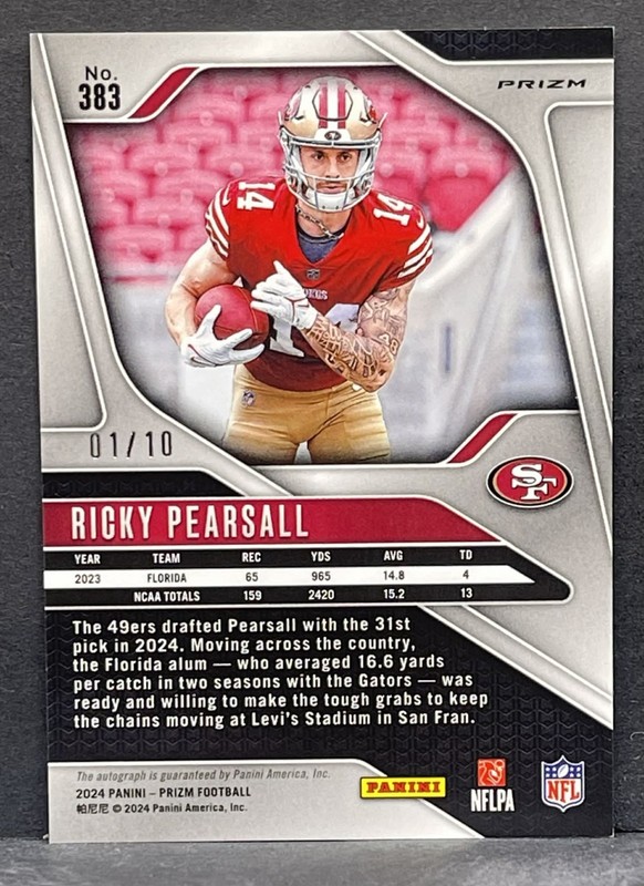 2024 Panini Prizm - Ricky Pearsall Rookie Autograph No Huddle Gold RC AUTO #1/10 view 2