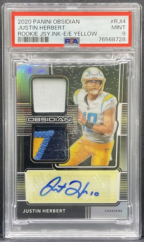 2020 Panini Obsidian - Justin Herbert Rookie Patch Yellow RC AUTO RPA /25 PSA 9