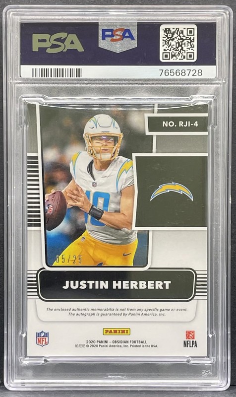 2020 Panini Obsidian - Justin Herbert Rookie Patch Yellow RC AUTO RPA /25 PSA 9 view 2