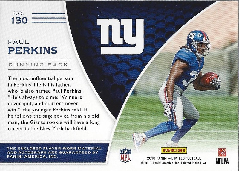 2016 Limited #130 Paul Perkins RC Auto Patch /299 - FB view 2