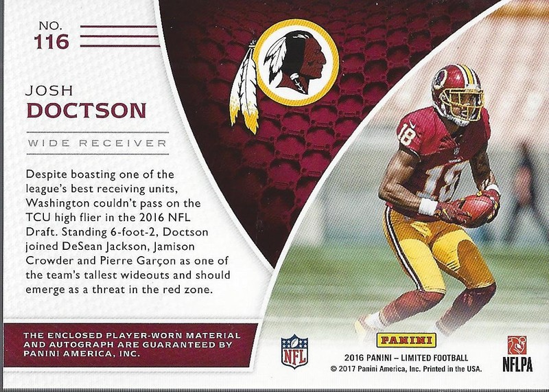 2016 Limited #116 Josh Doctson RC Auto Patch /299 - FB view 2