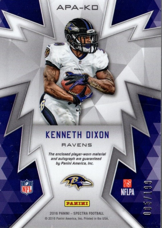 2016 Panini Spectra Aspiring Patch Auto 15 Kenneth Dixon Auto Jersey /199 FB view 2