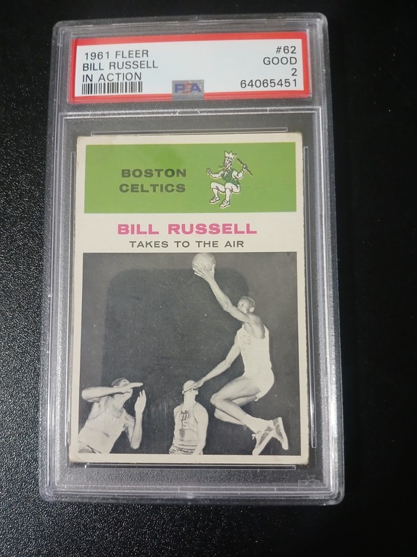 1961 FLEER BASKETBALL BOSTON CELTICS BILL RUSSELL IN ACTION CARD #62 PSA 2