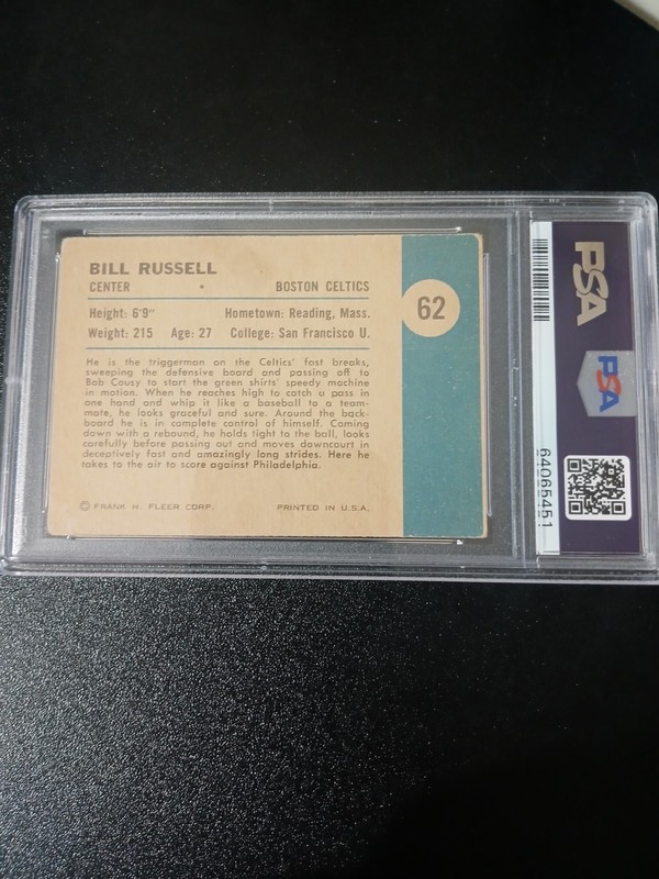 1961 FLEER BASKETBALL BOSTON CELTICS BILL RUSSELL IN ACTION CARD #62 PSA 2 view 2