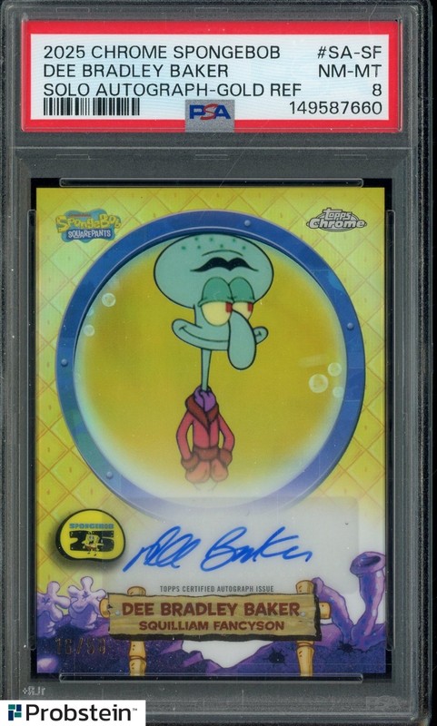 2025 Topps Chrome SpongeBob Gold Refractor Dee Bradley Baker AUTO /50 PSA 8