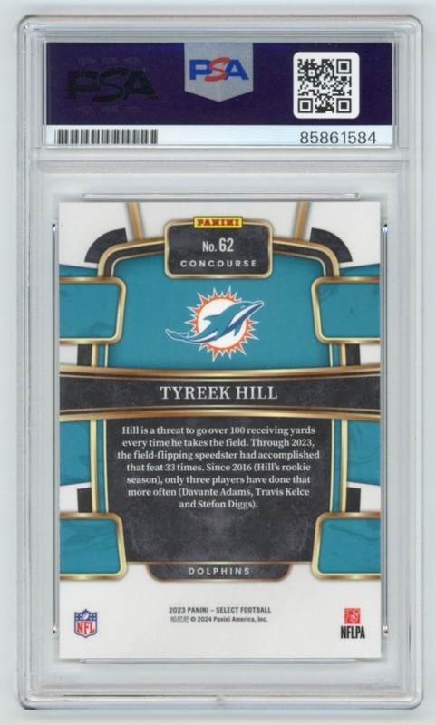TYREEK HILL Signed 2023 Panini Select Miami Dolphins Football Card PSA Auto view 2