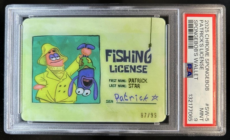 2025 Topps Chrome SpongeBob Patrick's Fishing License Wallet #/99 PSA 9