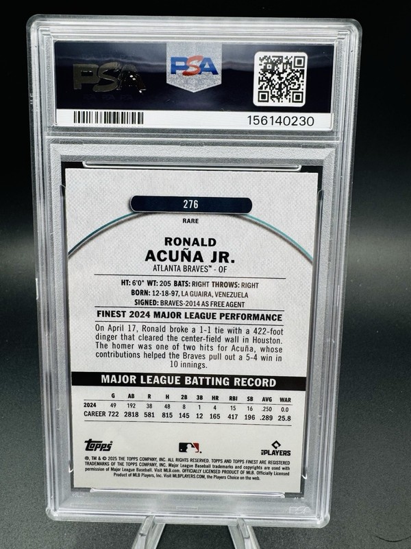 2025 TOPPS FINEST MAGENTA REFRACTOR #276 RONALD ACUNA JR. #20/200 PSA 10 Braves view 2