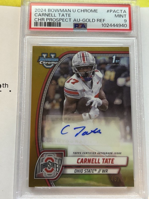 Carnell Tate 1st Auto PSA 9 2024 Bowman U Chrome Prospect Gold Refractor 46/50