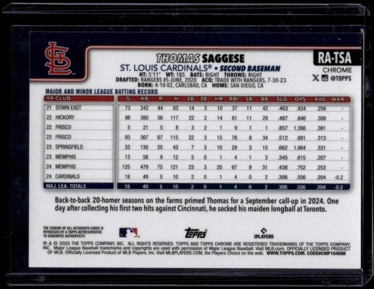 2025 Topps Chrome Baseball Thomas Saggese #RA-TSA Rookie Auto Gold Refractor /50 view 2