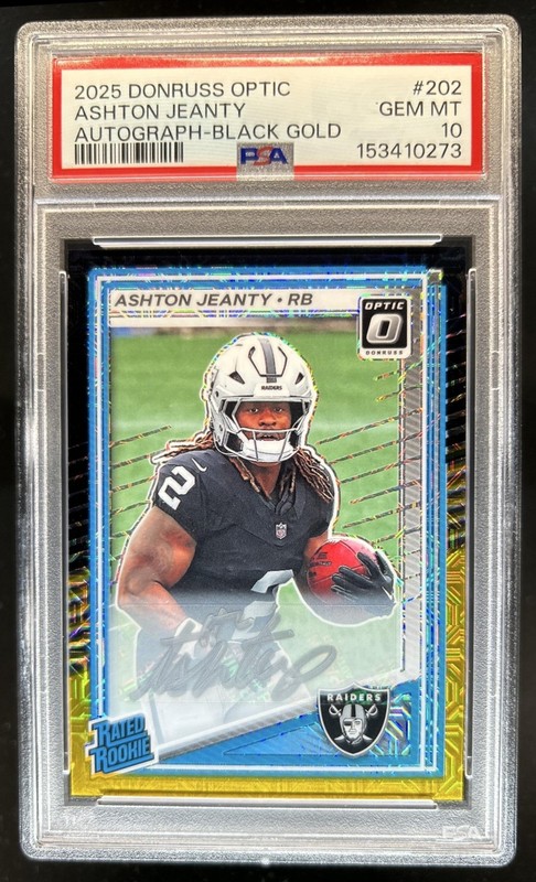 2025 Donruss Optic Ashton Jeanty Rated Rookie Auto Black Gold Prizm #/60 PSA 10