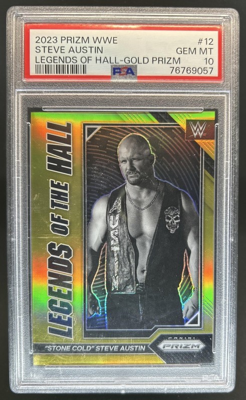 2023 Prizm WWE Stone Cold Steve Austin Legends of the Hall Prizm Gold /10 PSA 10
