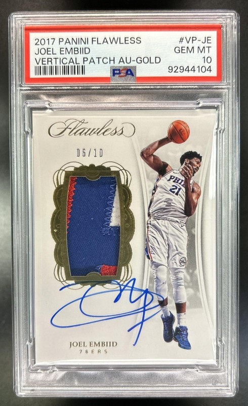 2017-18 Panini Flawless Joel Embiid Vertical Patch Auto Gold #/10 76ers PSA 10