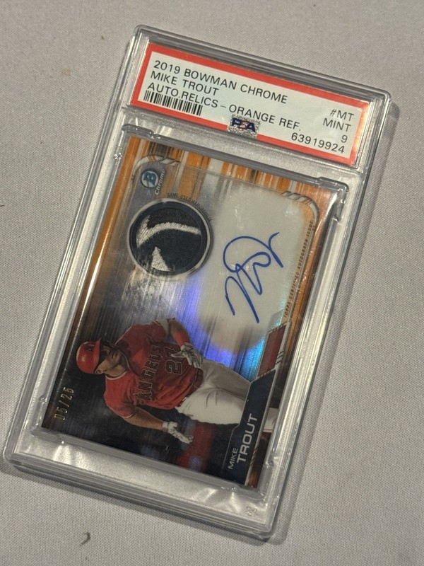 2019 Bowman Chrome Mike Trout Auto Relics Orange Refractor PSA 9 #MT /25 POP 3