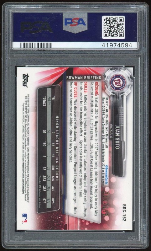 2017 Bowman Chrome Draft Sky Blue Refractor #BDC162 Juan Soto #/399 PSA 10 *4594 view 2