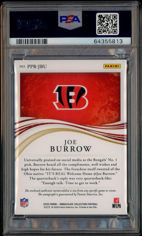 2020 Panini Immaculate Premium Joe Burrow RPA RC 3-Color Patch AUTO 5/49 PSA 10 view 2