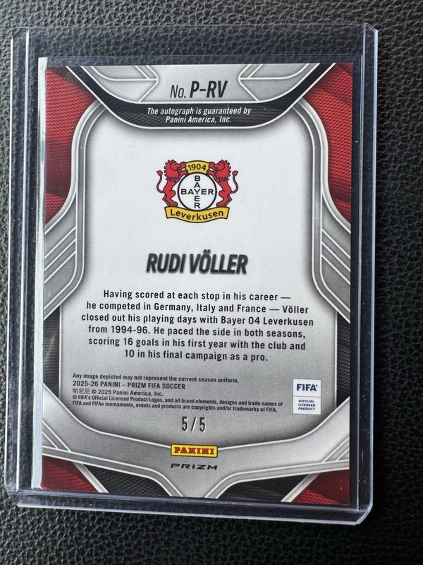 2025 Panini Prizm Fifa Soccer Rudi Voller Penmanship Choice Gold Auto /5 Bookend view 2