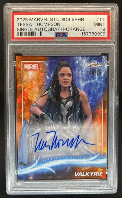 2025 Topps Chrome Marvel Sapphire Tessa Thompson Valkyrie Auto Orange #/25 PSA 9