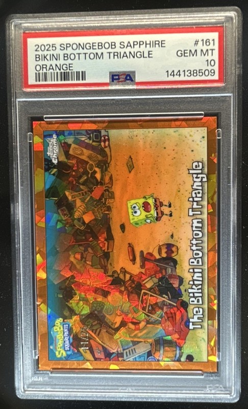 2025 Topps Chrome SpongeBob Sapphire Bikini Bottom Triangle Orange #/25 PSA 10