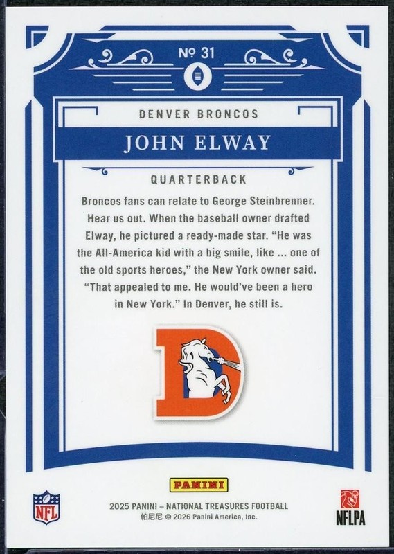 2025 Panini National Treasures John Elway 1/1 view 2