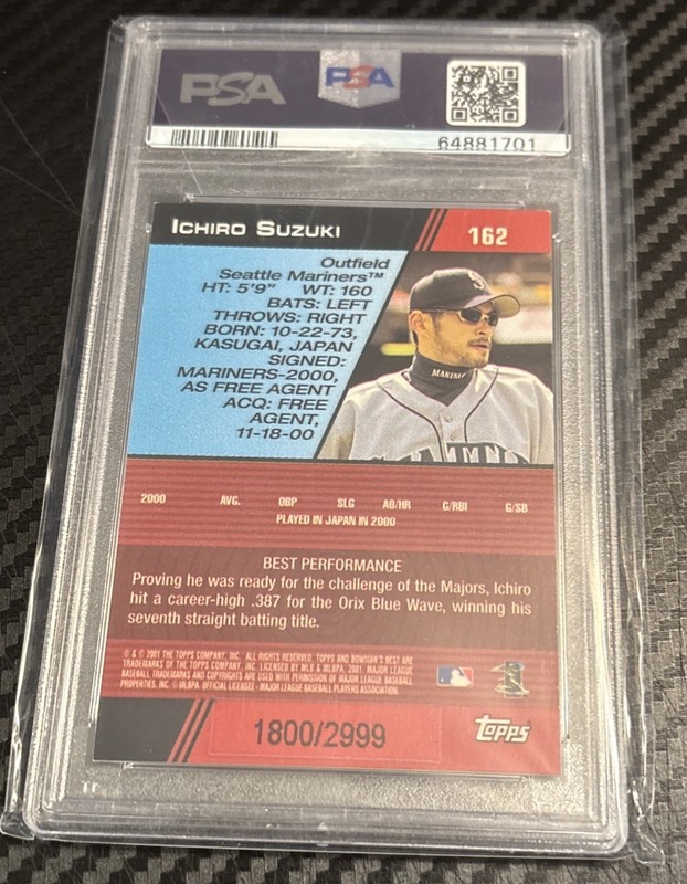 2001 BOWMAN'S BEST #162 ICHIRO SUZUKI ROOKIE RC 1800/2999 PSA 9 view 2