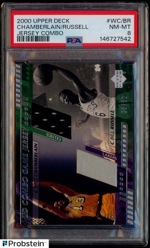2000-01 Upper Deck Wilt Chamberlain Bill Russell HOF Dual GU Jersey 25/50 PSA 8
