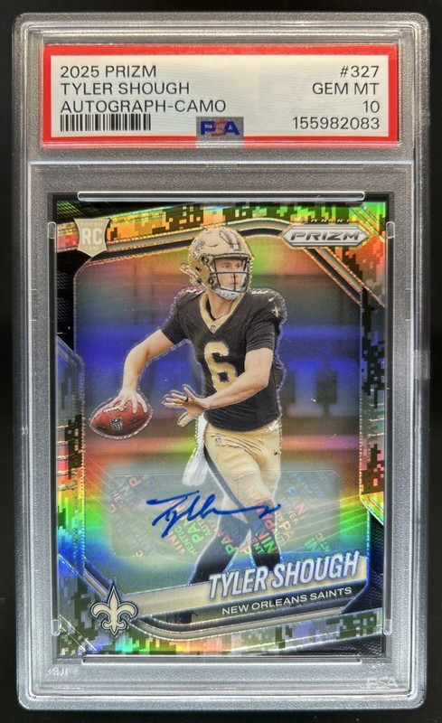 2025 Panini Prizm Tyler Shough Auto RC Camo #/25 Saints PSA 10 GEM MINT Rookie