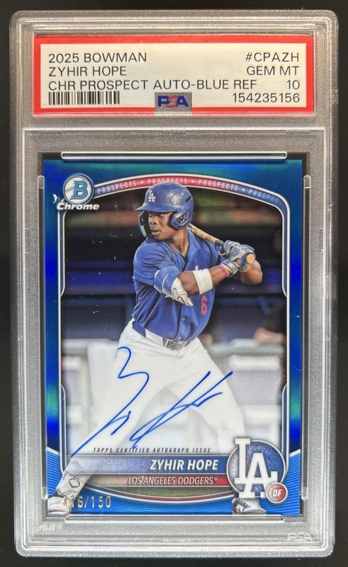 2025 Bowman Zyhir Hope Chrome Prospect Auto Blue Refractor #/150 Dodgers PSA 10